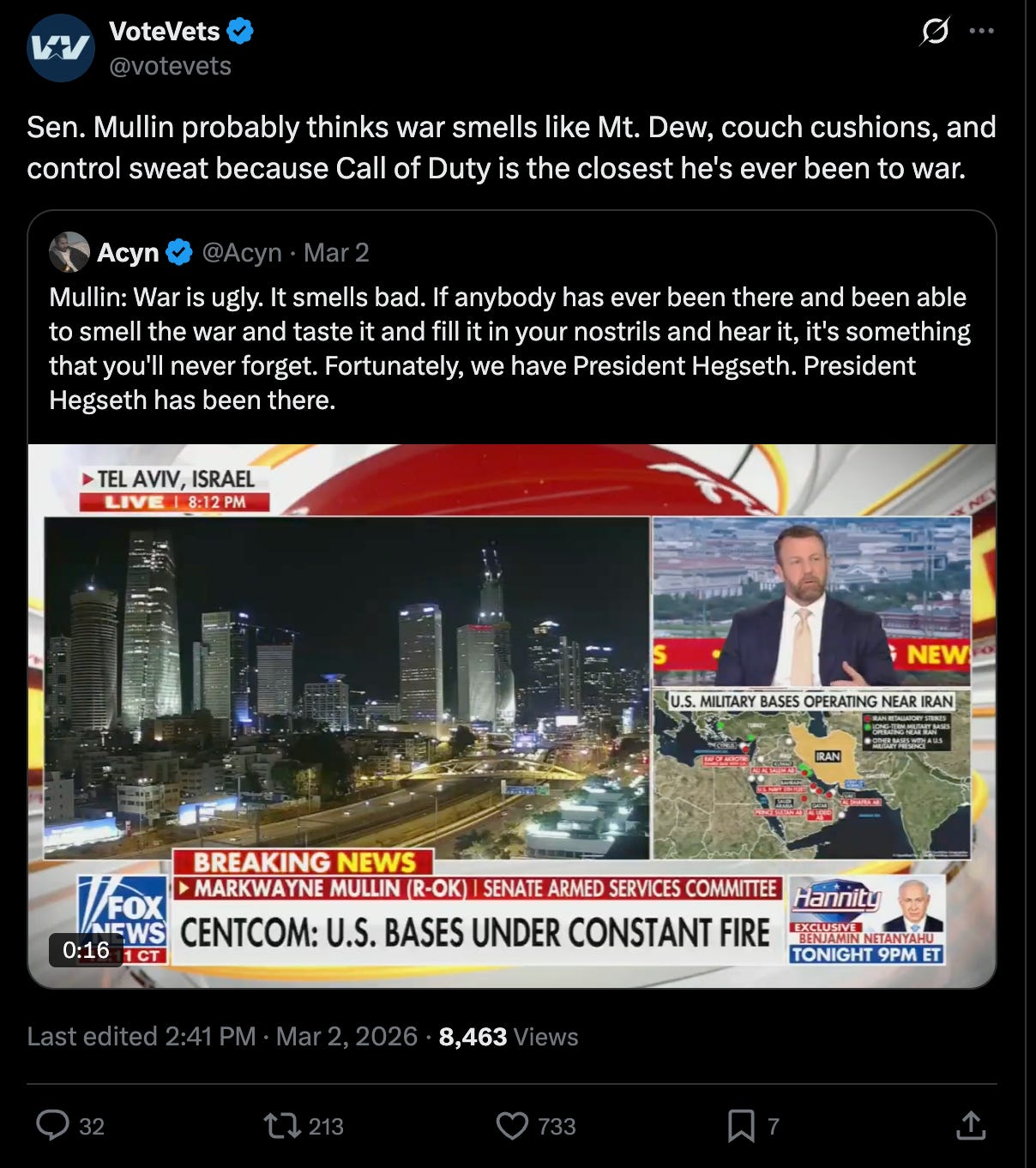 Sen. Mullin probably thinks war smells like Mt. Dew, couch cushions, and control sweat because Call of Duty is the closest he's ever been to war.