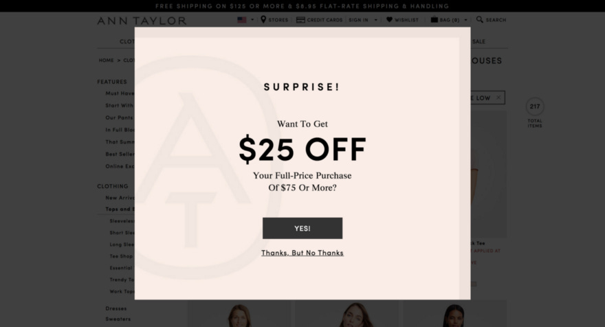 A surprise $25 off modal for a shopping website.