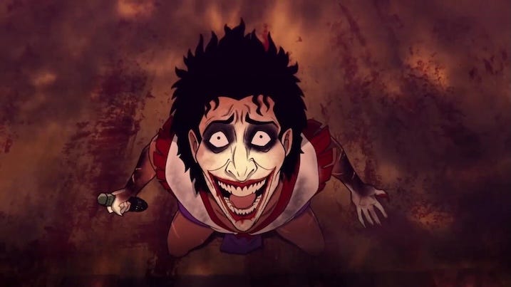 Aztec Joker Alt text: The Joker reimagined as an Aztec trickster, with pale face paint, wide manic grin, and bloodstained background in Aztec Batman: Clash of Empires.