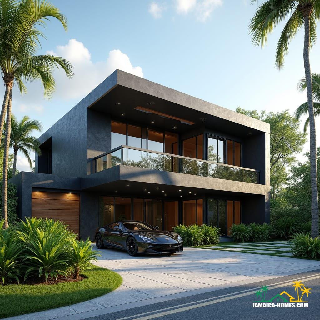  An unbelievable, buildable modern Jamaican home in the Caribbean, a fusion of gothic modern and barn conversion styles. Exterior materials include black-painted concrete, brick, cement, and natural wood accents, combined with large glass windows and sliding doors. Dramatic angular lines, vaulted ceilings, and a bold mix of textures define the architecture. Surrounded by lush tropical landscaping, palm trees, and a sleek driveway with a luxury car parked outside. The setting is sunny, vibrant, and distinctly Caribbean. Ultra-realistic rendering, cinematic lighting, 8K resolution. Cinematic film still, shot on v-raptor XL, film grain, vignette, color graded, post-processed, cinematic lighting, 35mm film, live-action, best quality, atmospheric, a masterpiece, epic, stunning, dramatic.