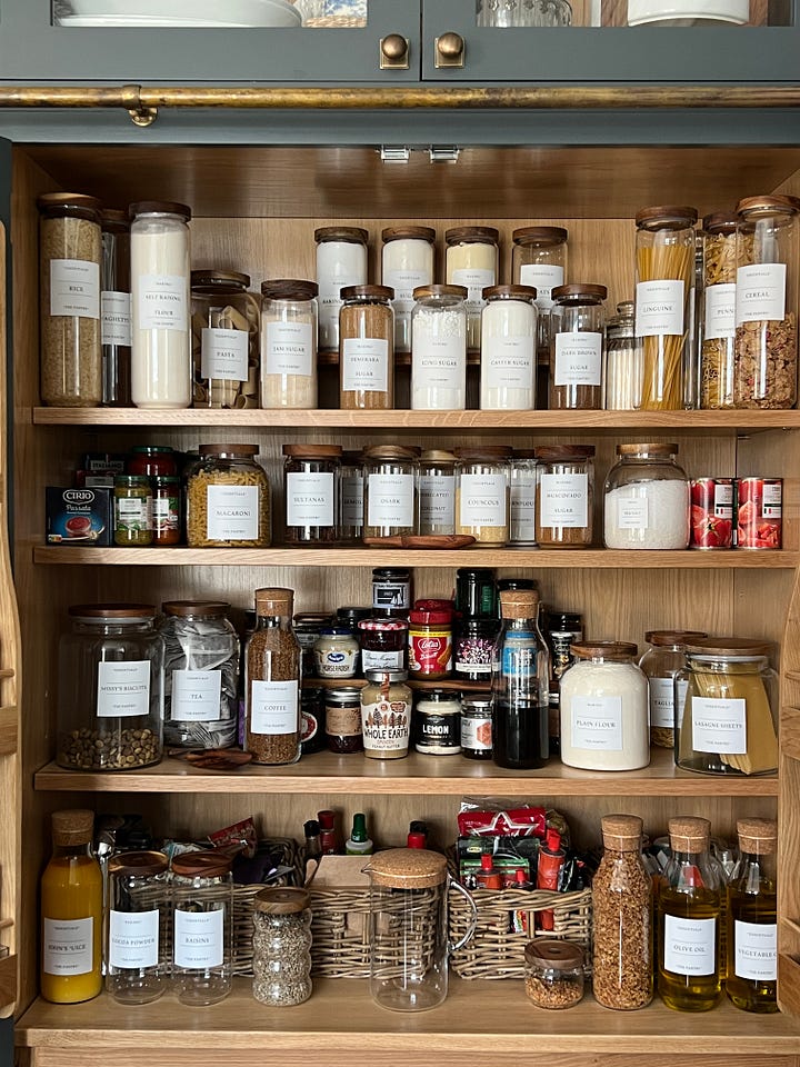 Hard with labels on and a pantry.