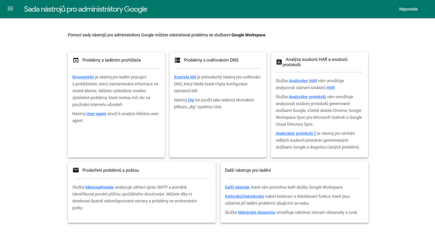 Úvodní obrazovka Google Admin Toolboxu