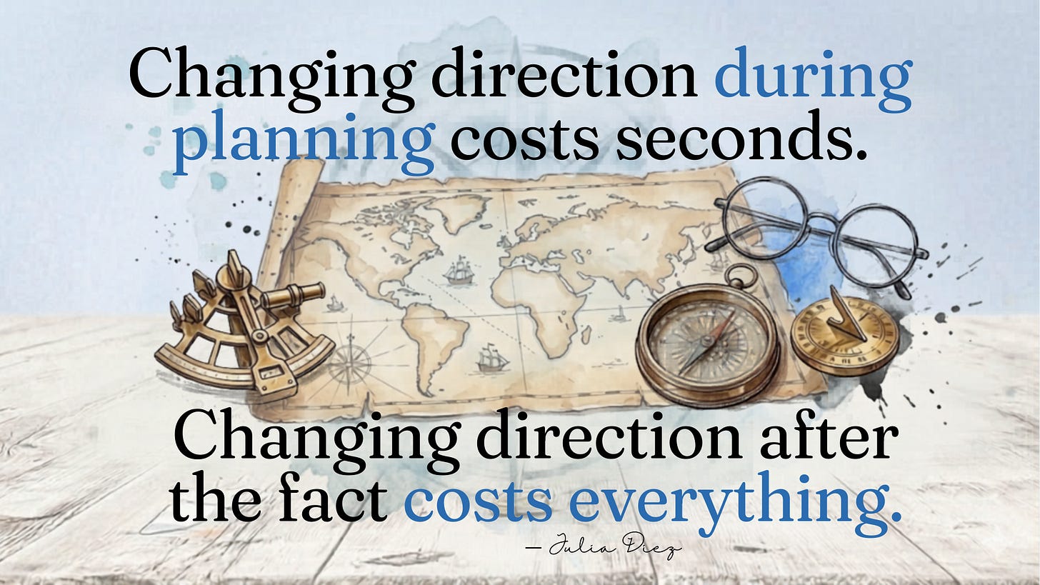 Changing direction during planning costs seconds. Changing direction after the fact costs everything.  — Julia Diez
