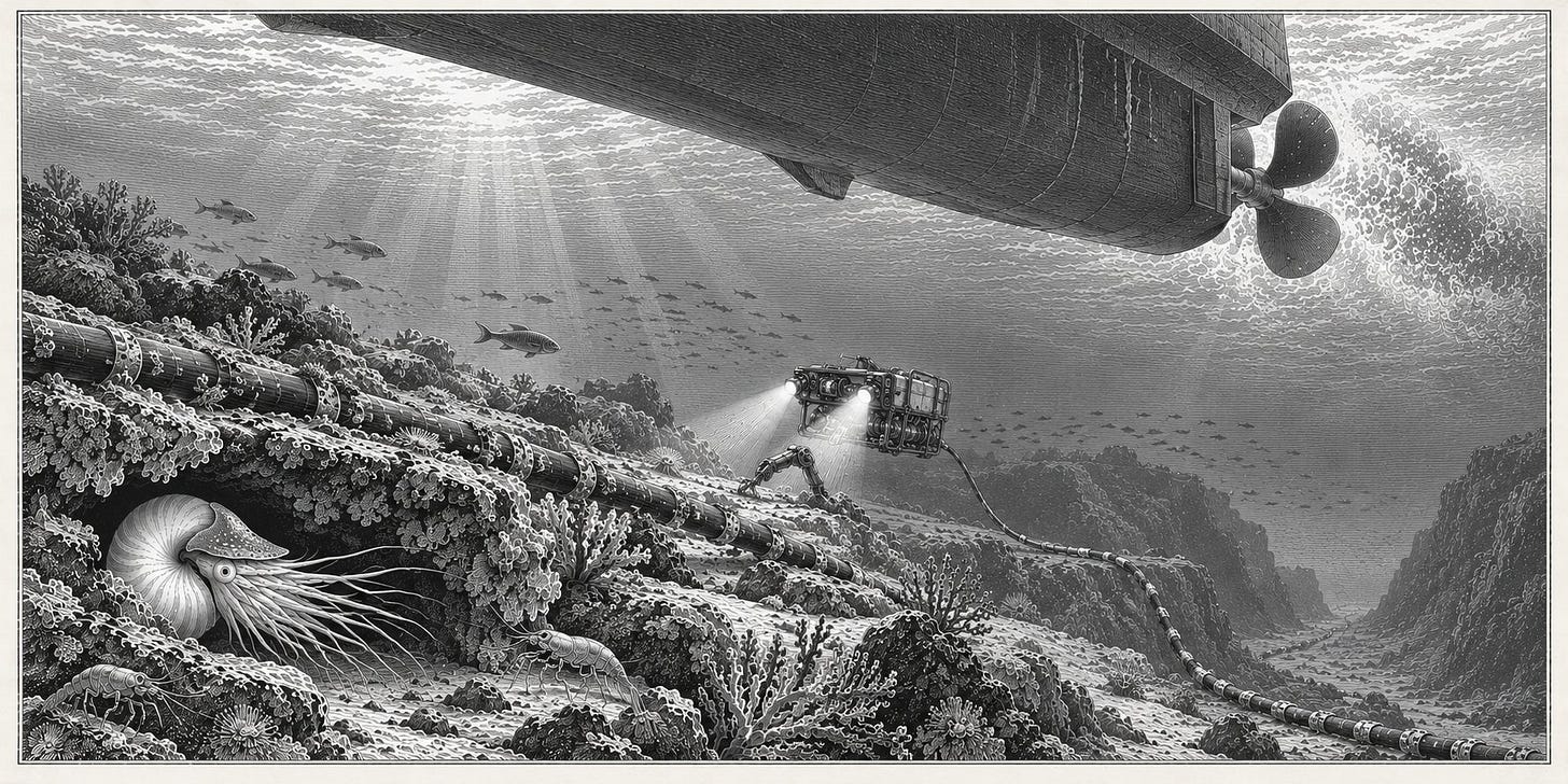 Above, a hull passes; below, the line crosses the seabed.
