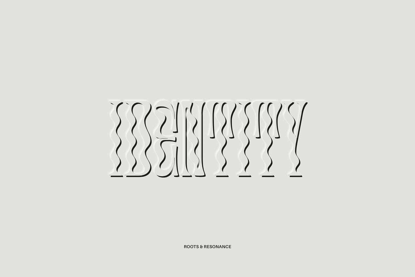 An elegant typographic design on a minimal, cream-colored background. In the center, the word "IDENTITY" is rendered in a highly stylized, elongated serif font, where the vertical stems are transformed into fluid, undulating waves. The lettering features a debossed, letterpress effect, creating subtle highlights and deep shadows that give it a tactile, physical depth as if pressed directly into heavy paper stock. Part of the Roots & Resonance series at The Subtext Review. An elegant typographic design on a minimal, cream-colored background. In the center, the word "IDENTITY" is rendered in a highly stylized, elongated serif font, where the vertical stems are transformed into fluid, undulating waves. The lettering features a debossed, letterpress effect, creating subtle highlights and deep shadows that give it a tactile, physical depth as if pressed directly into heavy paper stock. Part of the Roots & Resonance series at The Subtext Review.