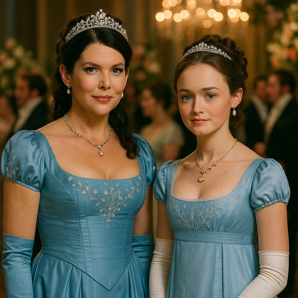 AI-Generated Fan Art Crossover of Lorelai Gilmore and Rory Gilmore wearing blue ball gowns and tiaras in Bridgerton | rmrk*st | Remarkist Magazine