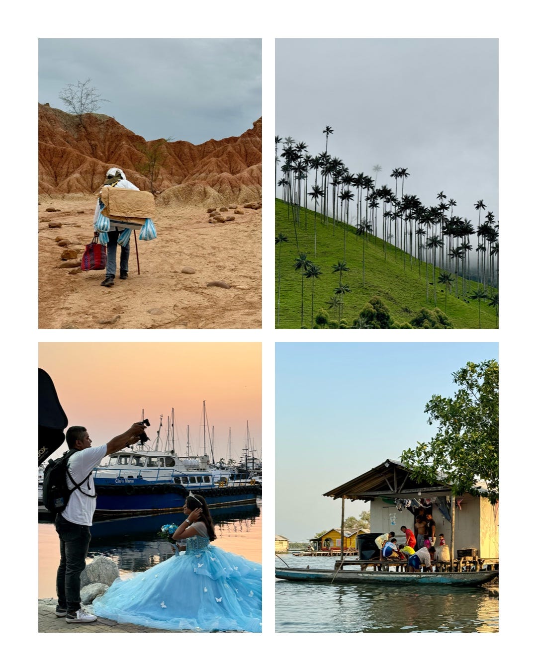 1. Desierto de Tatacoa. 2. Valle del Cocora. 3. Quinceañera de Santa Marta. 4. Pueblo palafito en la Ciénaga Grande.