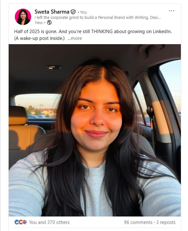 Image 1: Sweta Sharma sits in her car during golden hour, smiling gently in a grey sweatshirt. The warm sunlight highlights her face as she shares a motivating message about taking action on LinkedIn growth before the year slips by.
