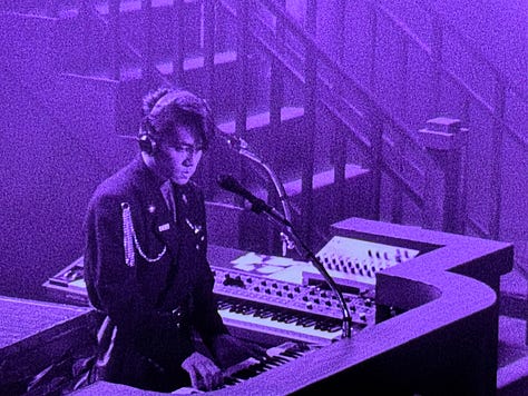Still images from Tokyo Melody: two photos of Sakamoto and Akiko Yano playing piano together, and an image of Sakamoto performing in YMO.