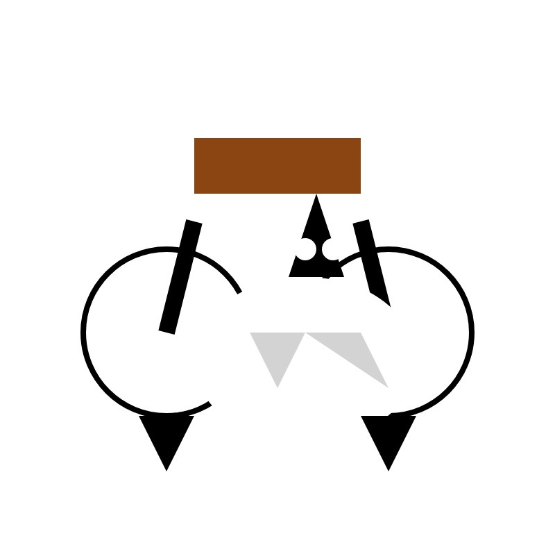 Two circles, each with a triangle sticking out from the bottom. They have bars leading up to a brown box. Overlapping them is a black triangle with white circles for eyes and two grey triangles that are probably meant to be wings. It is not recognizable as a pelican or a bicycle.