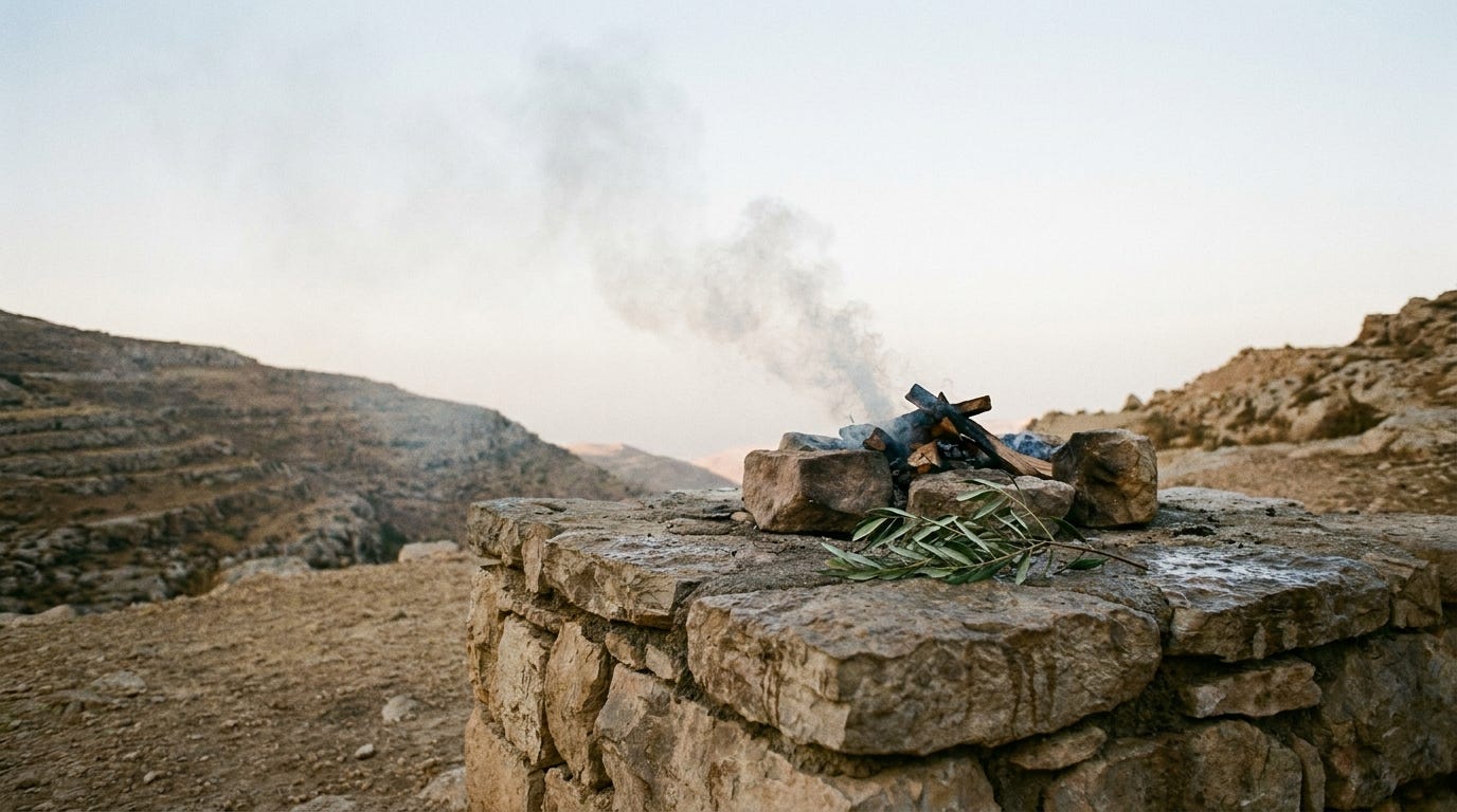 A close view of a rough stone altar at first light, pale smoke curling upward against a wide dawn sky over drying land, a single olive branch on the ground nearby, no ark, no people, no faces, no text A close view of a rough stone altar at first light, pale smoke curling upward against a wide dawn sky over drying land, a single olive branch on the ground nearby, no ark, no people, no faces, no text
