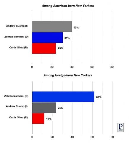 Bar chart titled Among American-born New Yorkers shows Andrew Cuomo in gray bar at 40 percent, Zohran Mamdani in blue bar at 31 percent, Curtis Sliwa in red bar at 25 percent, with y-axis from 0 to 80 percent and x-axis labeling candidates. Below it, chart titled Among foreign-born New Yorkers shows Zohran Mamdani in blue bar at 62 percent, Andrew Cuomo in gray bar at 24 percent, Curtis Sliwa in red bar at 12 percent, same axes and labels. P logo at bottom right.