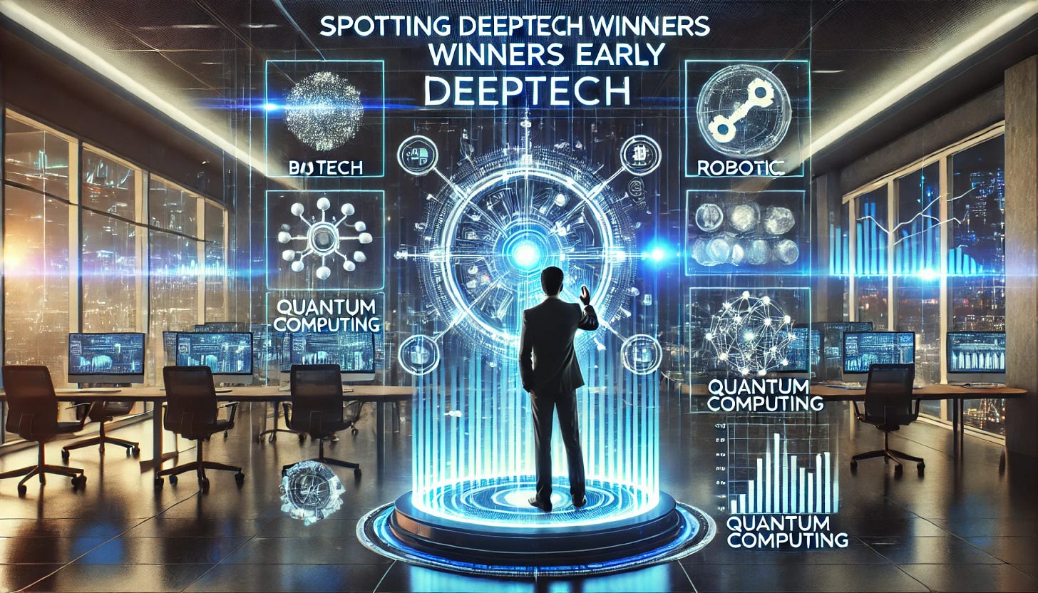 A high-tech and futuristic image showcasing the concept of spotting deeptech winners early. The scene features a venture capitalist analyzing futuristic holographic data, highlighting AI, biotech, robotics, and quantum computing startups. A glowing digital playbook with five key strategies is displayed, symbolizing investment insights. The background includes a sleek, modern office with stock charts and funding trends. The atmosphere is dynamic, with blue and neon highlights emphasizing innovation and opportunity.