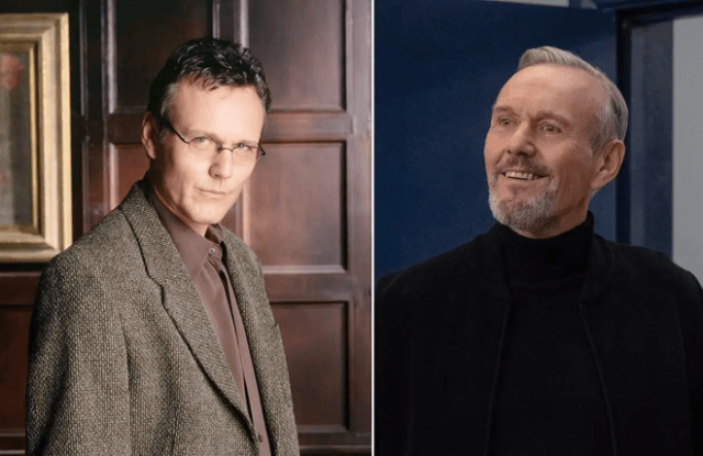 Anthony Head as the wise Rupert Giles in Buffy the Vampire Slayer (left) and as the slick Rupert Mannion in Ted Lasso (right).