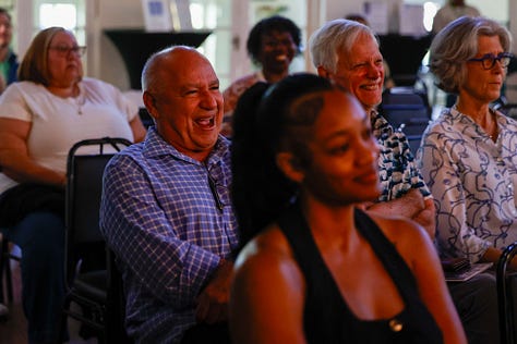 Photos of the audience watching Shadows and Light, the audience after the show, and moments with the actors on stage.