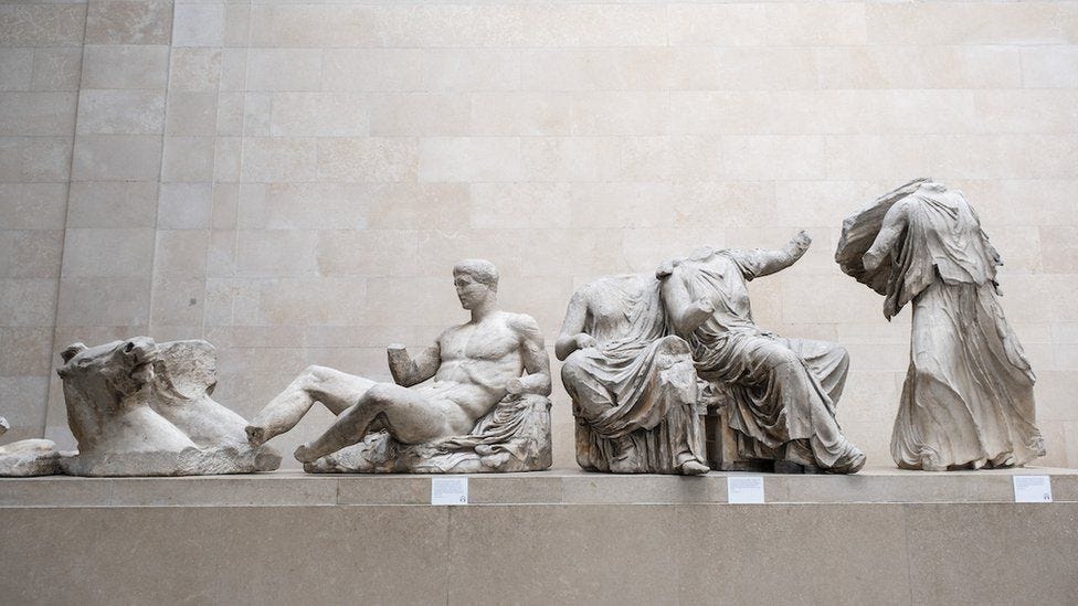 Statues of a horse and three people from the Parthenon Sculptures in the British Museum