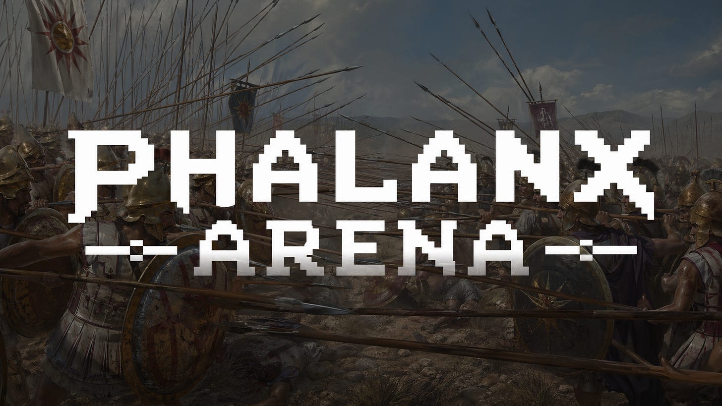 A scene from the Phalanx Arena simulator: pike phalanxes, cavalry, and elephants drawn up on a battlefield.