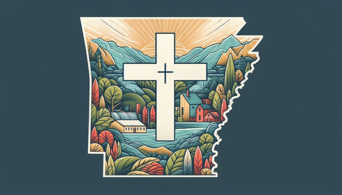 Outline of state of Arkansas with a Christian cross imposed on it