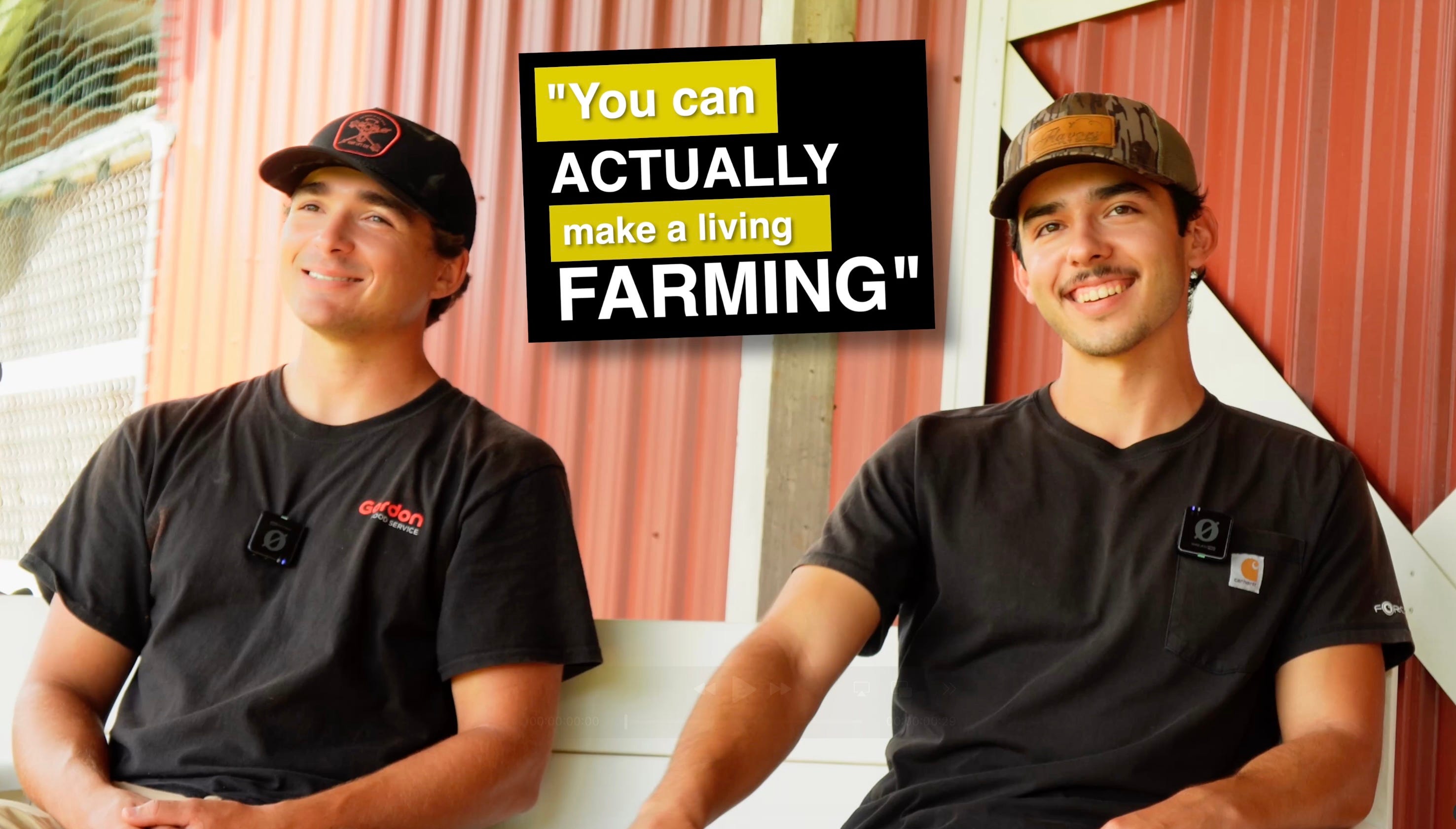 Two young farmers, Patrick and Caden, sitting outside a red barn, smiling during their Regenaissance podcast interview, with text reading “You can actually make a living farming. Two young farmers, Patrick and Caden, sitting outside a red barn, smiling during their Regenaissance podcast interview, with text reading “You can actually make a living farming.