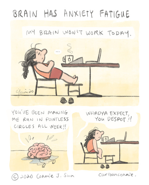 cartoon about anxiety, fatigue, mental health, self-care, by connie sun, cartoonconnie, sketchbook illustration