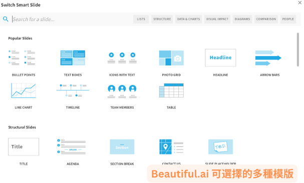 Beautiful.ai 可選擇的多種模版