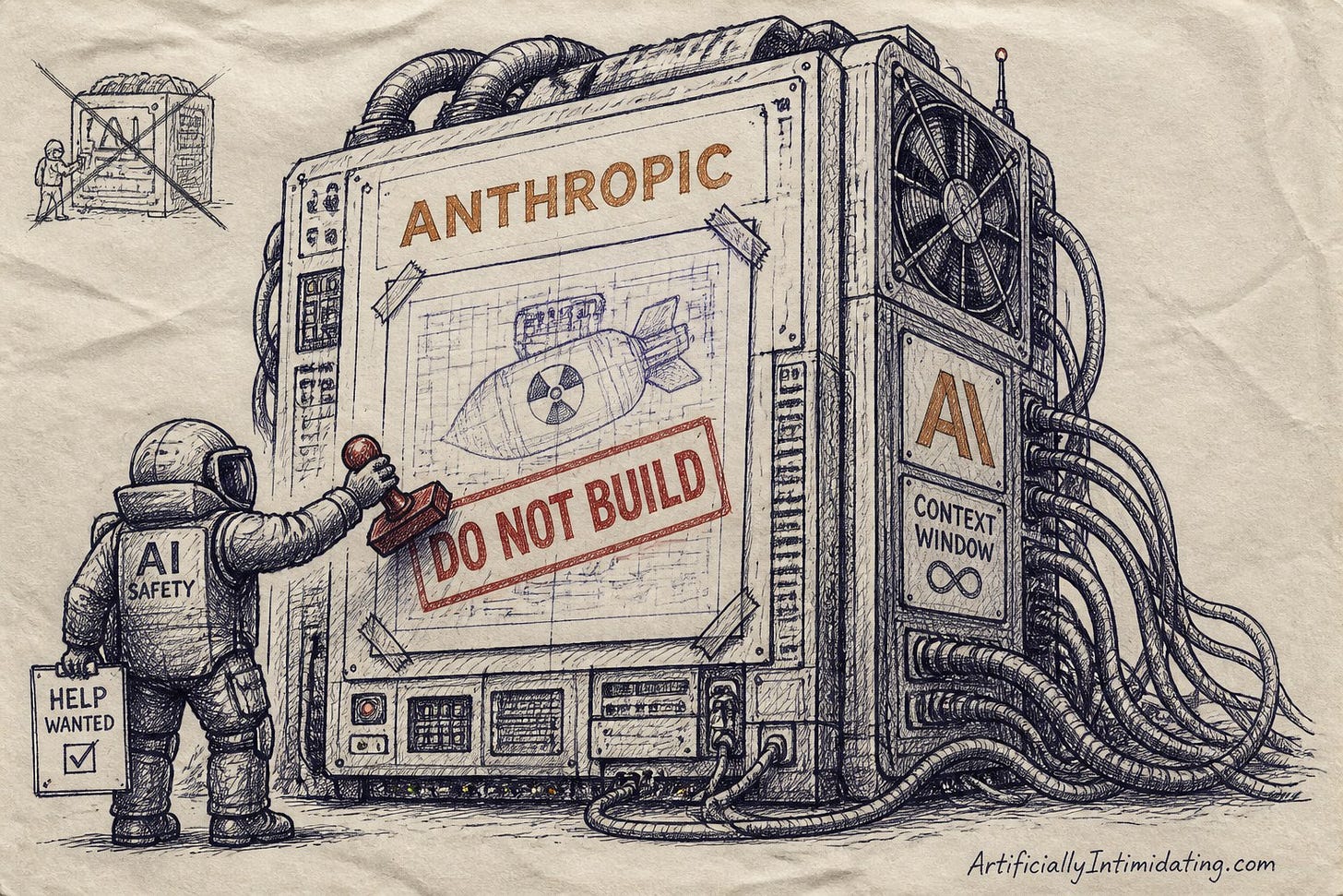 Editorial cartoon: a hazmat-suited figure with a HELP WANTED clipboard slams a DO NOT BUILD stamp over a bomb blueprint on a giant Anthropic machine.