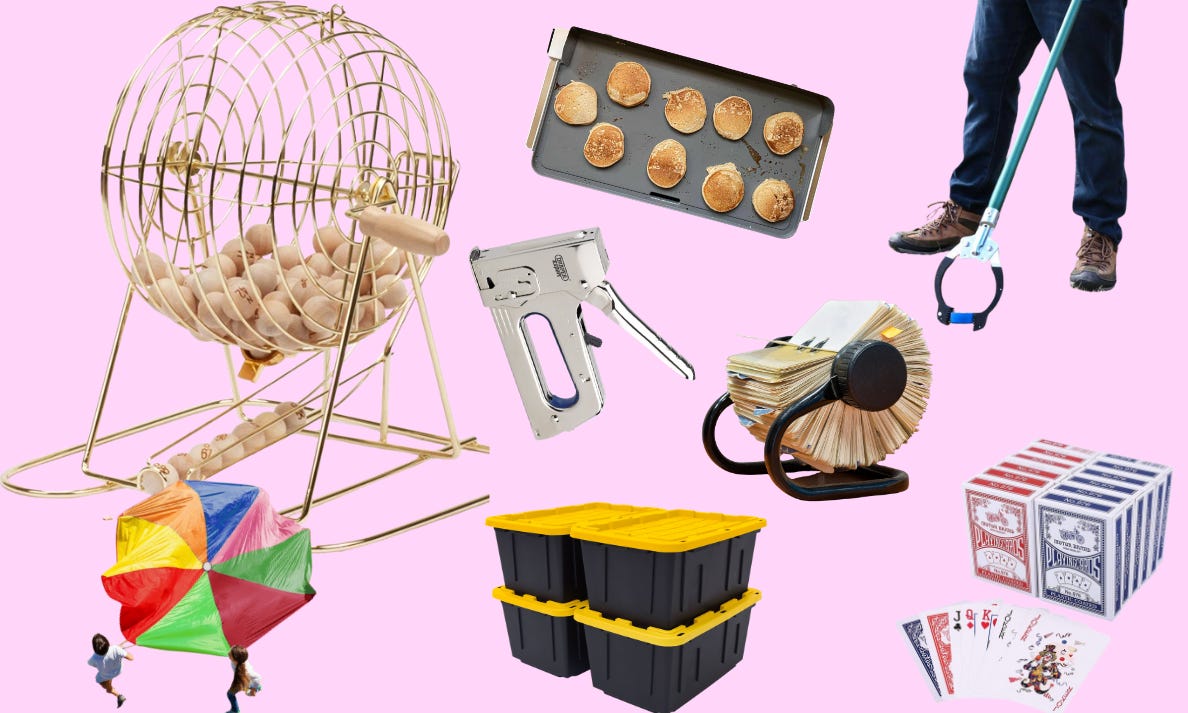 pink background image with cutout images of a bingo cage, parachute, four plastic totes, a staple gun, playing cards, and a trash grabber