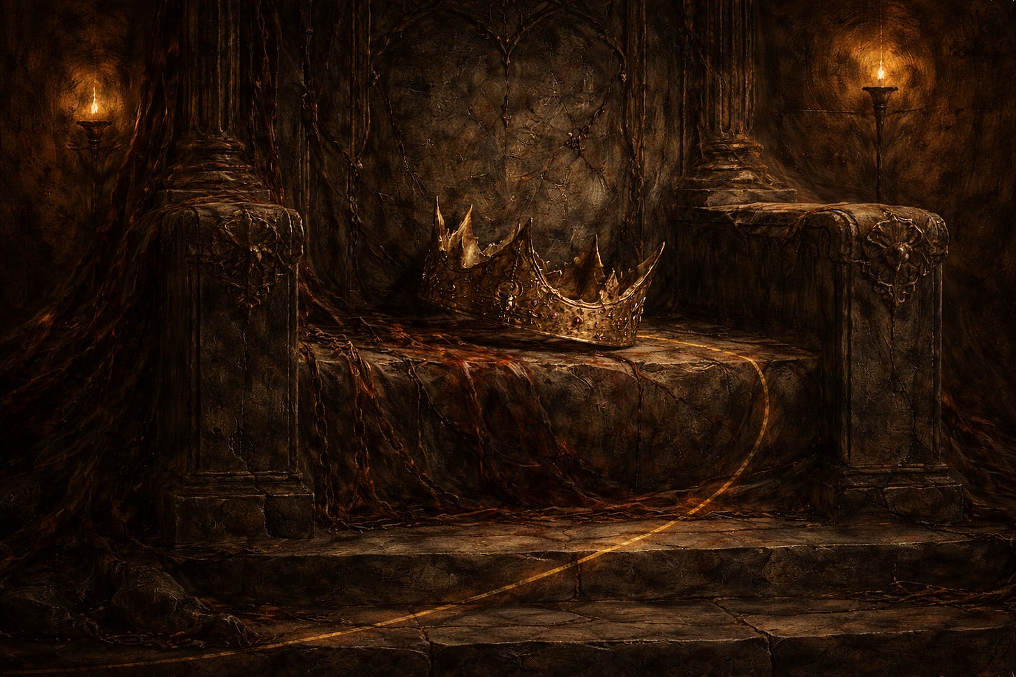 Alt text: An oil-style painting shows a cracked gold crown resting on a dark stone throne in a dim hall, with a thin golden thread trailing across the steps under warm torchlight. Alt text: An oil-style painting shows a cracked gold crown resting on a dark stone throne in a dim hall, with a thin golden thread trailing across the steps under warm torchlight.