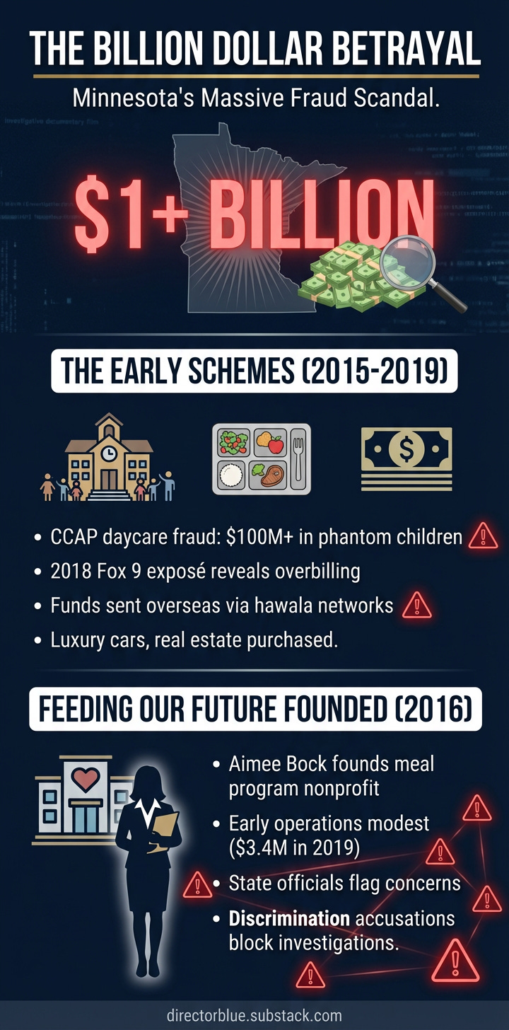   9 Prompt A tall 12 portrait infographic panel with dark navy background At TOP Bold title THE BILLION DOLLAR BETRAYAL in white with gold underline subtitle Minnesotas Massive Fraud Scandal Below a glowing red 1 BILLION with Minneapolis map_image_1