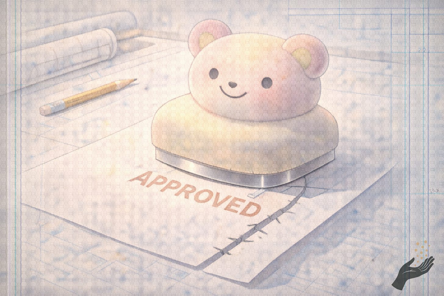 A pastel plush-like stamp presses “APPROVED” onto a document, while the page beneath it splits with a sharp crack. A pastel plush-like stamp presses “APPROVED” onto a document, while the page beneath it splits with a sharp crack.