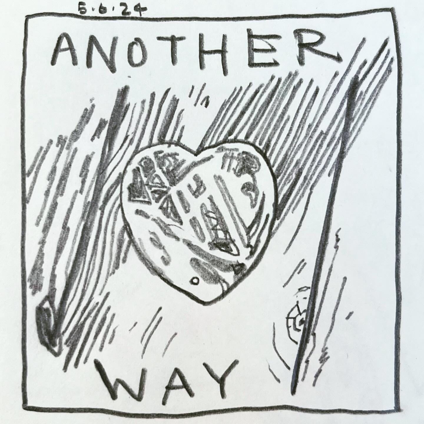 Panel 1: another way Image: A heart sits on a wooden plank. Bright fault lines crisscross through the heart, refracting the sunlight that shines through and cast shadows onto the wood grain. The heart is made of rose quartz.