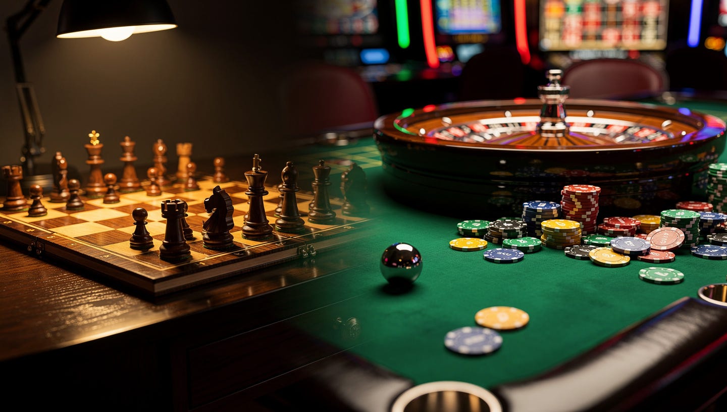 A cinematic split-composition photography. On the left side, a focused, elegant wooden chessboard with classic Staunton pieces, softly lit by a studious, warm desk lamp, representing strategy and logic. On the right side, a vibrant, chaotic green felt casino roulette table with scattered chips and glowing neon lights, representing luck and gambling. The transition between the two sides is a subtle blur. High contrast, 8k resolution, photorealistic, sharp focus, professional lighting, symbolic atmosphere A cinematic split-composition photography. On the left side, a focused, elegant wooden chessboard with classic Staunton pieces, softly lit by a studious, warm desk lamp, representing strategy and logic. On the right side, a vibrant, chaotic green felt casino roulette table with scattered chips and glowing neon lights, representing luck and gambling. The transition between the two sides is a subtle blur. High contrast, 8k resolution, photorealistic, sharp focus, professional lighting, symbolic atmosphere