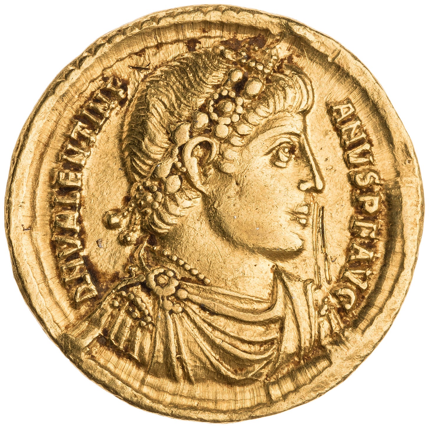 Coin featuring Valentinian I, taken from https://en.wikipedia.org/wiki/Valentinian_I#/media/File:Gold_Solidus_of_Valens,_Antioch.jpg
