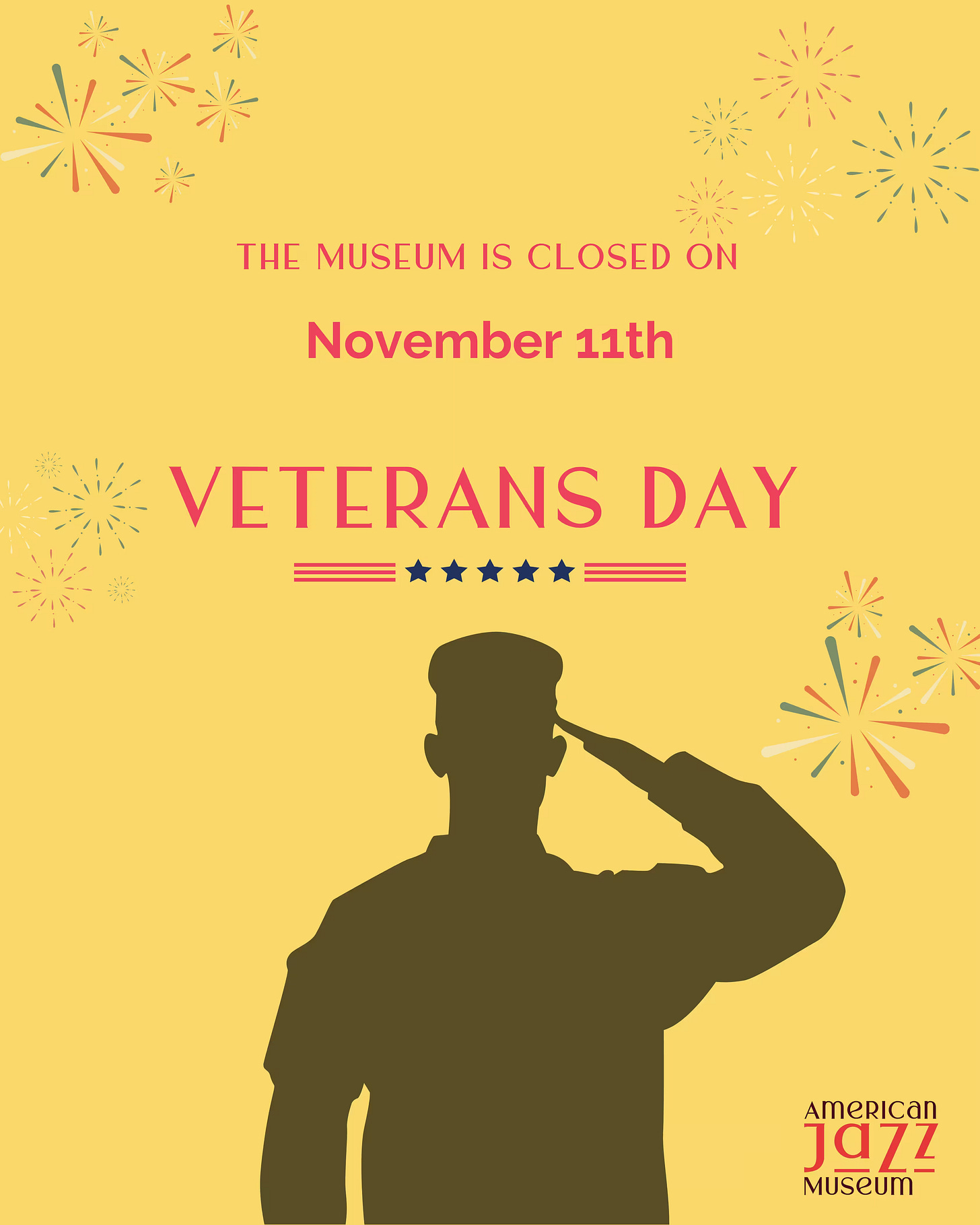 American Jazz Museum Veterans Day graphic featuring a patriotic red, white, and blue design with the message “Closed November 11 in observance of Veterans Day.”