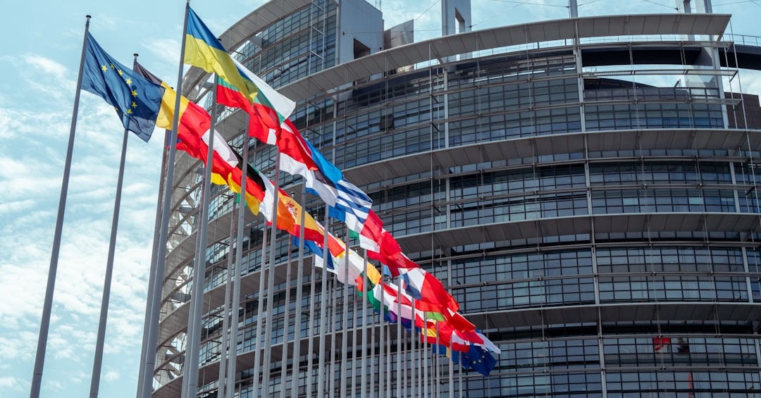 a large building with a lot of flags in front of it