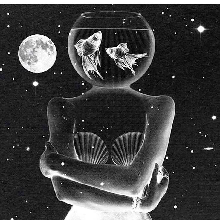 This may contain: a black and white photo of a woman with fish in her head looking at the moon