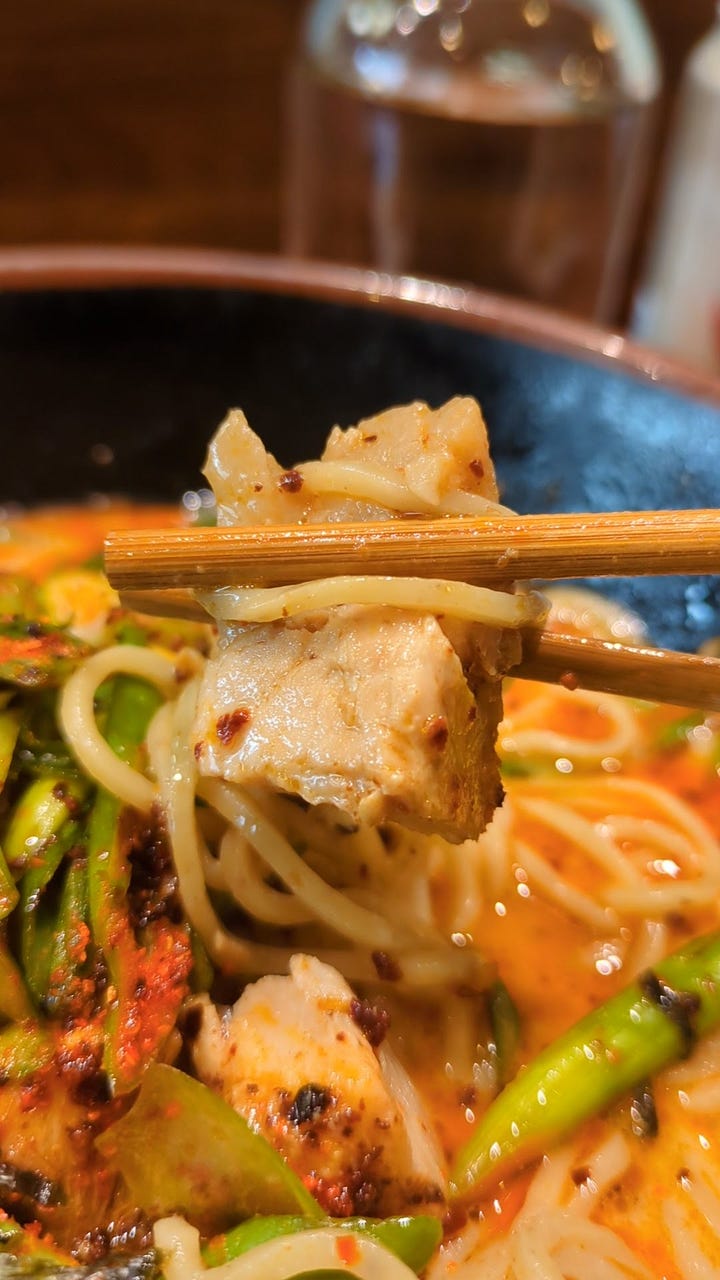 Tender pork chunk and richer broth at the bottom of my Tonkotsu bowl.
