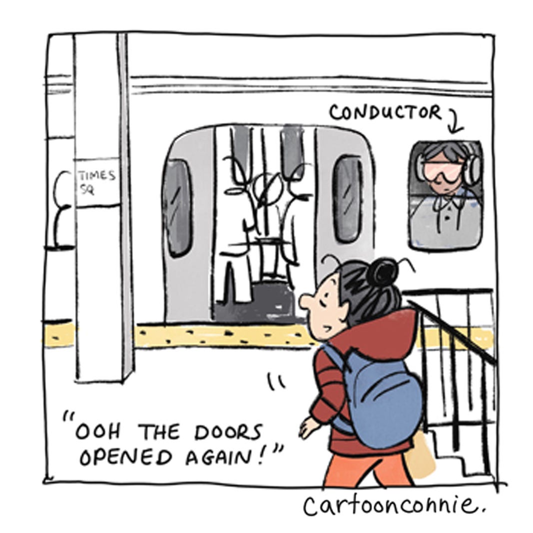 Panel 2 from a 6-panel autobio comic about riding a crowded subway on a freezing cold night in New York City and small gestures of city dwellers who make room for each other. Titled "New York City Code," original art by Connie Sun, cartoonconnie, 2026. Panel 2 from a 6-panel autobio comic about riding a crowded subway on a freezing cold night in New York City and small gestures of city dwellers who make room for each other. Titled "New York City Code," original art by Connie Sun, cartoonconnie, 2026.
