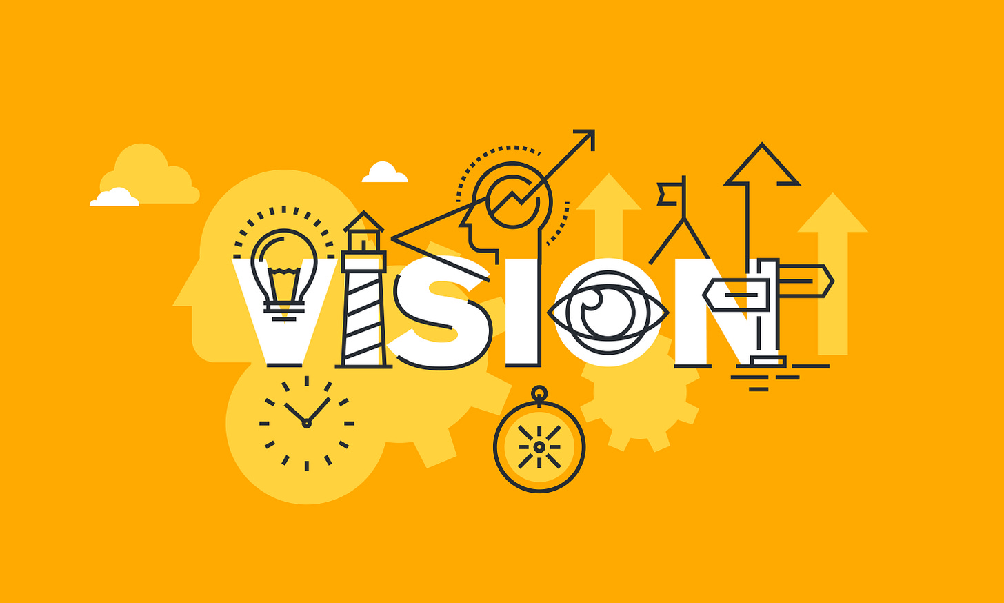 The word vision with lightbulbs, clocks, people, arrows, and other designs to show it being built