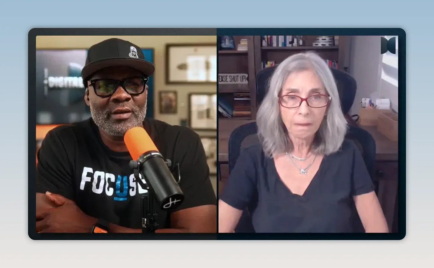 Screenshot of two speakers on a video call explaining how AI can support higher-value human work
