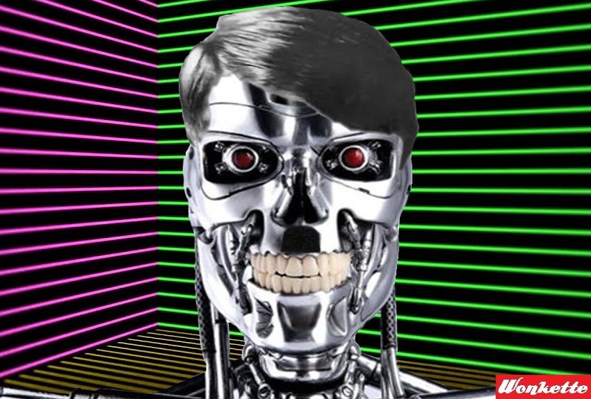 Photoshopped image of a Terminator endoskeleton's face and 'shoulders' with a hitler hairpiece and mustache added, in front of a 'Max-Headroom' style multicolored grid design. Photoshopped image of a Terminator endoskeleton's face and 'shoulders' with a hitler hairpiece and mustache added, in front of a 'Max-Headroom' style multicolored grid design.