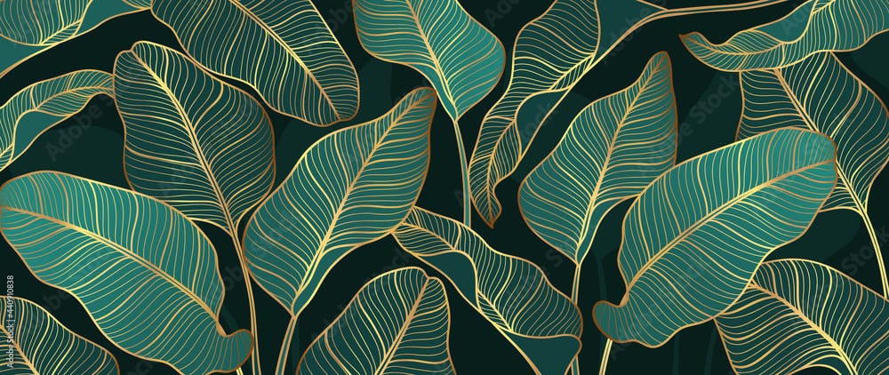 Abstract art Golden leaves background vector. Wallpaper design with line  art texture from monstera leaves, Jungle leaves, exotic botanical floral  pattern. Design for prints, banner, wall art. Stock Vector | Adobe Stock
