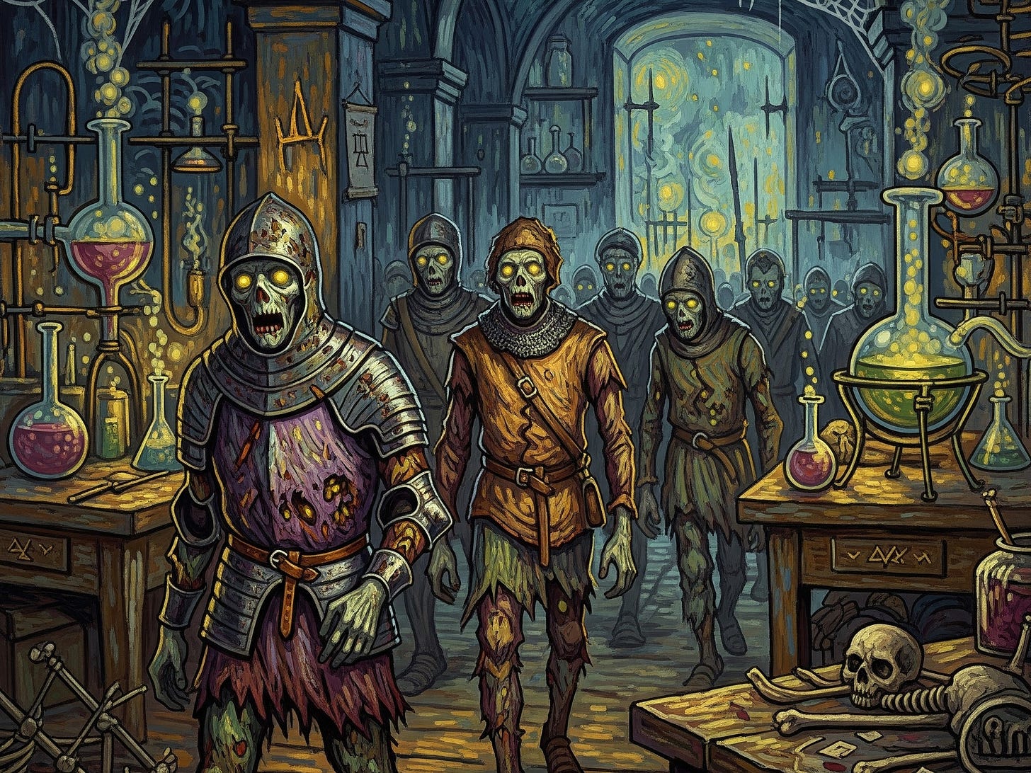 Zombies roaming through a laboratory.