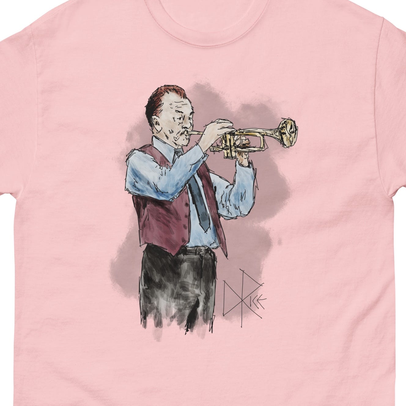 An older man stands with his trumpet to his lips, playing as part of a public jazz performance. Sketch art by Don Rice. An older man stands with his trumpet to his lips, playing as part of a public jazz performance. Sketch art by Don Rice.