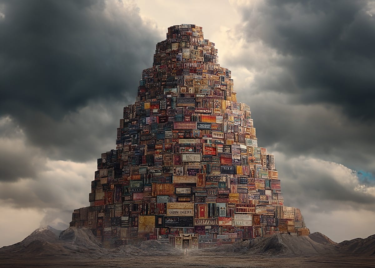 Image of tower made of labels similar to depictions of the Tower of Babel