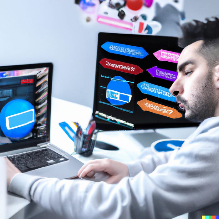 AI prompt: Generate photo of futuristic digital product designer creating designs on a computer using AI feature and hoping not to lose their job