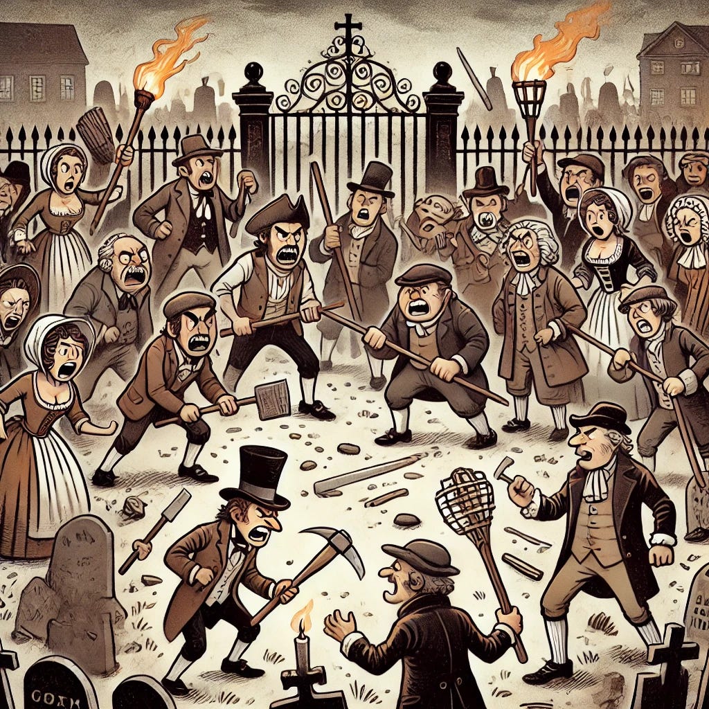 A cartoon-style illustration of a riot set in the 1780s, taking place in a graveyard. On one side, angry townspeople in period-appropriate clothing, including tricorn hats, bonnets, and waistcoats, are wielding torches and farm tools. On the other side, a group of doctors in 18th-century attire, including long coats and powdered wigs, are standing defensively, some holding medical instruments like scalpels or bone saws. The graveyard is detailed with cracked tombstones, a wrought iron fence, and a few open graves. The scene is dramatic yet cartoonish, with exaggerated expressions and action poses. The color palette combines earthy tones and muted grays to evoke the historical period, with a hint of eerie atmosphere.