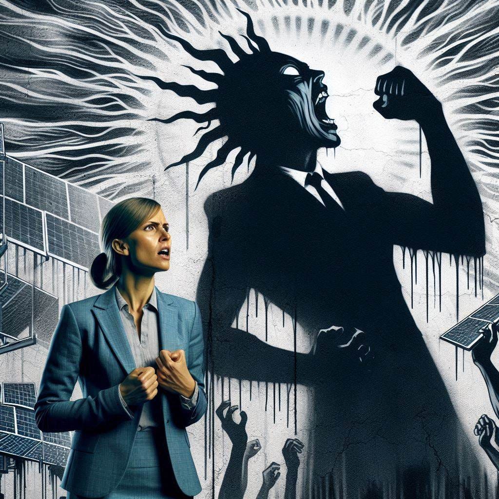 woman politician looking angry at wall mural painted by shadowy figure, solarpunk drawing