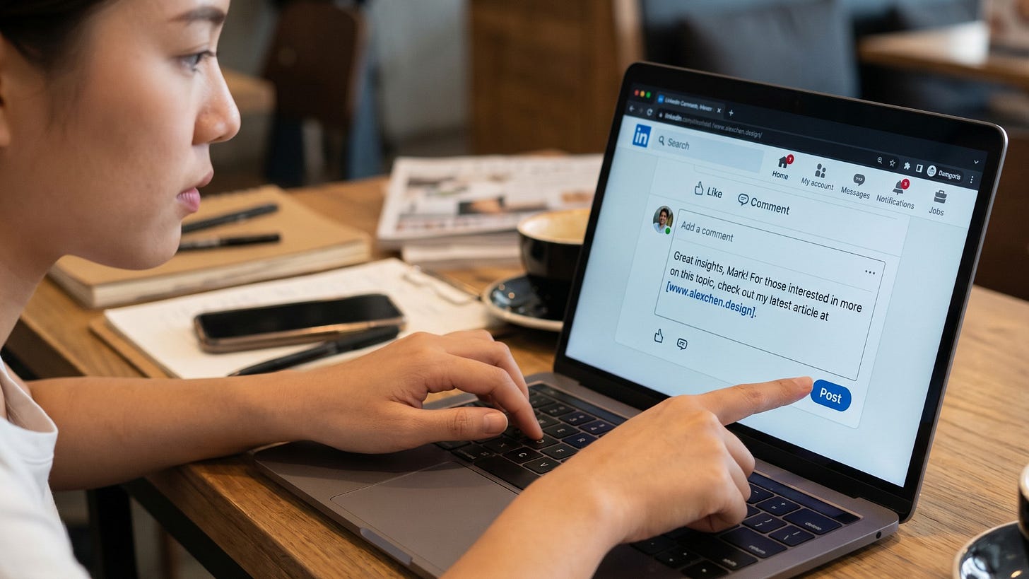 A person posts a promotional link in the comment section of someone else's LInkedIn post.