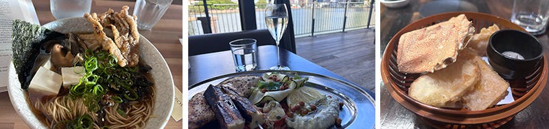 Three pictures next to each other. First is of a bowl of ramen soup, the next of a sparkling wine and plate of veggies and haloumi and the last tempura pieces of veg and fish.